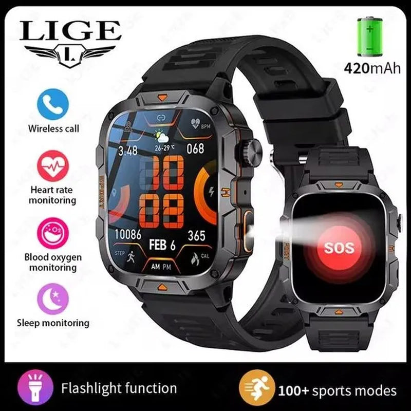 LIGE New 1.96" HD Screen Smart Watch Men with LED UV Flashlight 420Mah Large Battery Men’S Watches Health Monitor Men Smartwatch