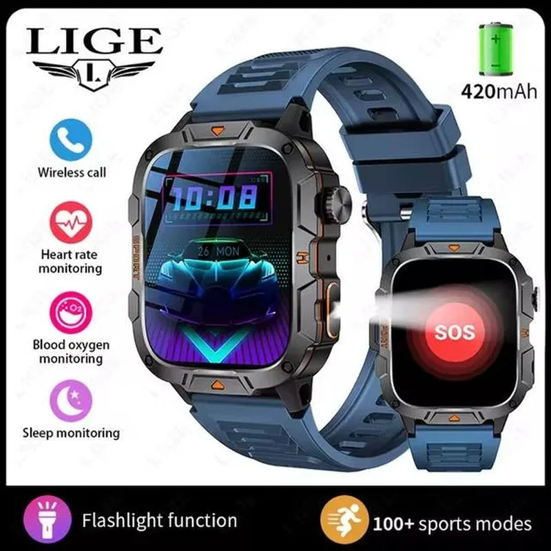 LIGE New 1.96" HD Screen Smart Watch Men with LED UV Flashlight 420Mah Large Battery Men’S Watches Health Monitor Men Smartwatch