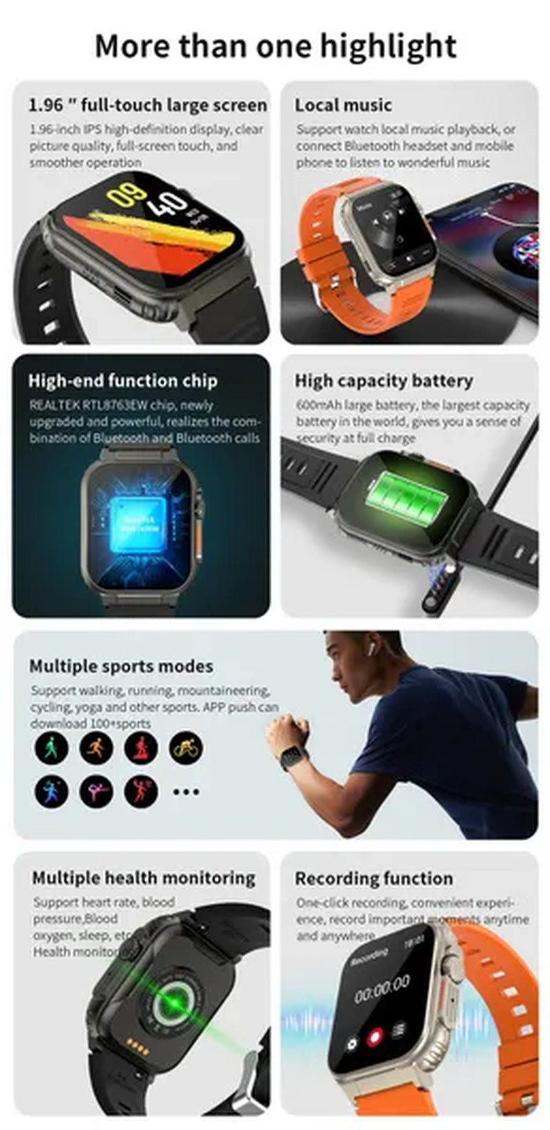 LIGE Recording Function SIRI Dial Smart Watch 600MAH Large Battery TWS Music 100+ Sports Watch True Blood Oxygen Smartwatch Men