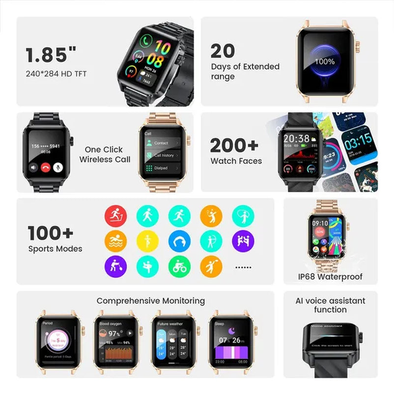 2024 New Smart Watch with Exercise Recording/Voice Assistant/Timer/ Stopwatch for Men Women, 1.85'' Smartwatch with Wireless Call (Answer/Make/Reject Calls) with Multi-Sports Mode, for Iphone/Android Phone.