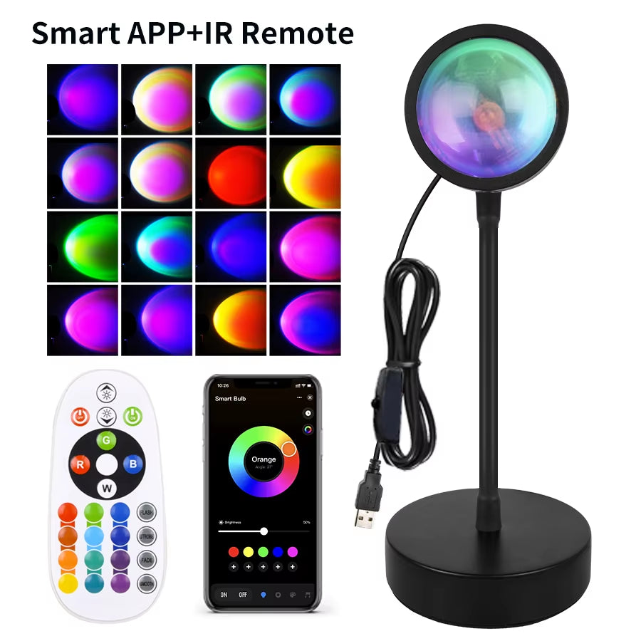 USB LED Projector Night Lights RGB Sunset Atmosphere Night Lamp with Remote for Bedroom Broadcast Photography Background Decor