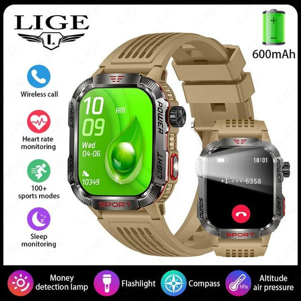 LIGE Bluetooth Call Smartwatch 2.01 Inch Screen 600 Mah Battery Compass Military Outdoor Waterproof Smartwatch for Huawei Xiaomi