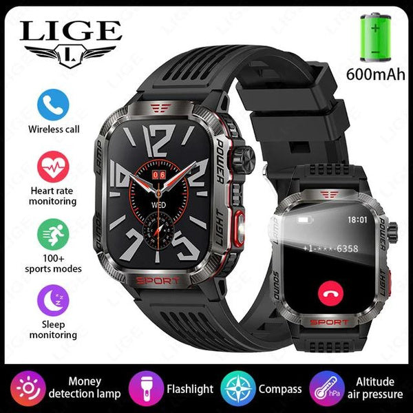 LIGE Bluetooth Call Smartwatch 2.01 Inch Screen 600 Mah Battery Compass Military Outdoor Waterproof Smartwatch for Huawei Xiaomi