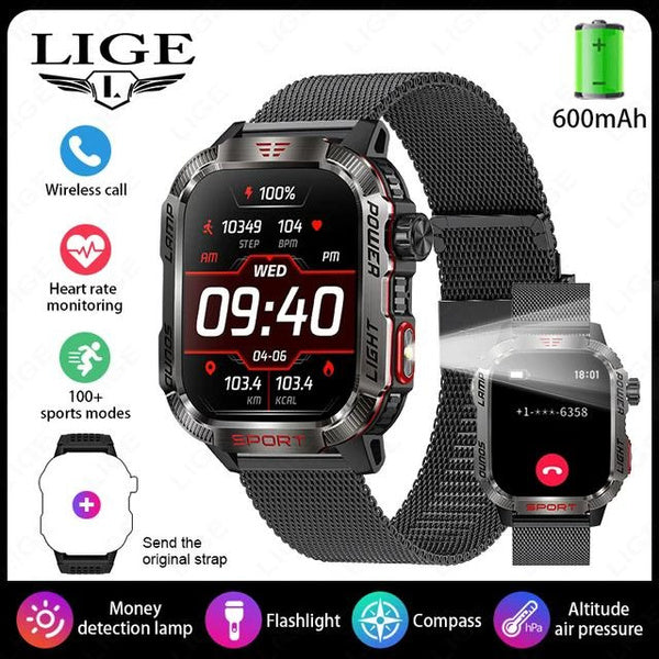 LIGE Bluetooth Call Smartwatch 2.01 Inch Screen 600 Mah Battery Compass Military Outdoor Waterproof Smartwatch for Huawei Xiaomi
