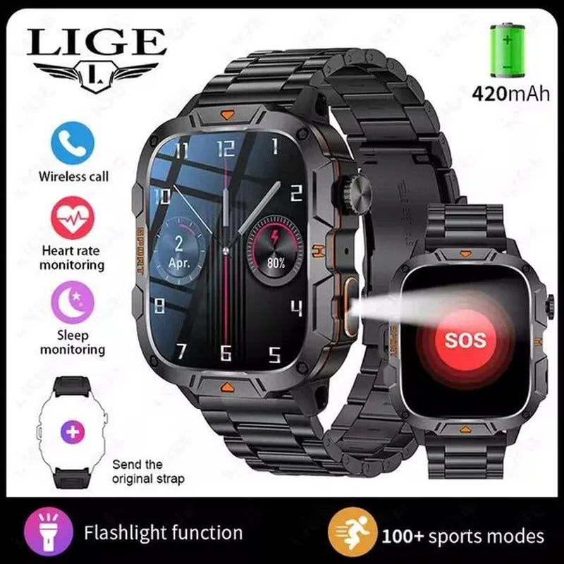 LIGE New 1.96" HD Screen Smart Watch Men with LED UV Flashlight 420Mah Large Battery Men’S Watches Health Monitor Men Smartwatch