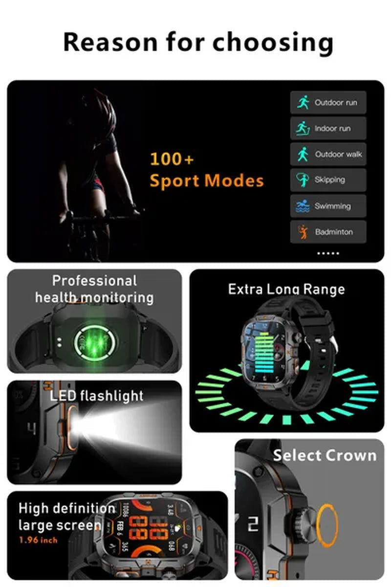 LIGE New 1.96" HD Screen Smart Watch Men with LED UV Flashlight 420Mah Large Battery Men’S Watches Health Monitor Men Smartwatch