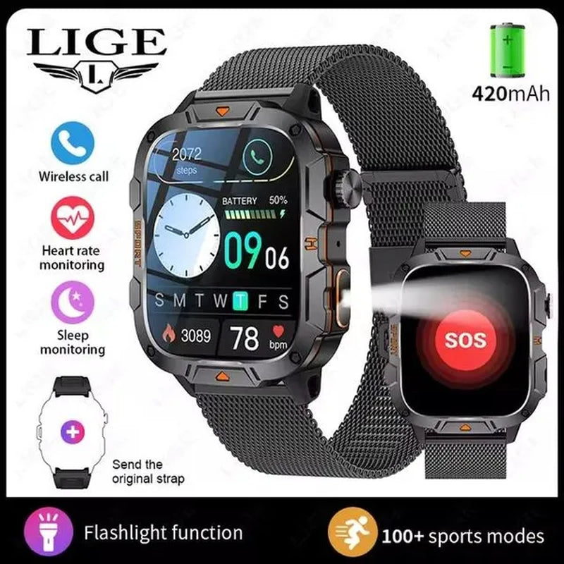 LIGE New 1.96" HD Screen Smart Watch Men with LED UV Flashlight 420Mah Large Battery Men’S Watches Health Monitor Men Smartwatch