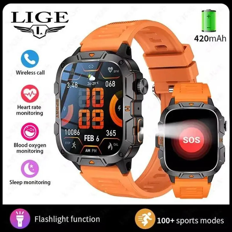 LIGE New 1.96" HD Screen Smart Watch Men with LED UV Flashlight 420Mah Large Battery Men’S Watches Health Monitor Men Smartwatch