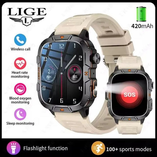 LIGE New 1.96" HD Screen Smart Watch Men with LED UV Flashlight 420Mah Large Battery Men’S Watches Health Monitor Men Smartwatch